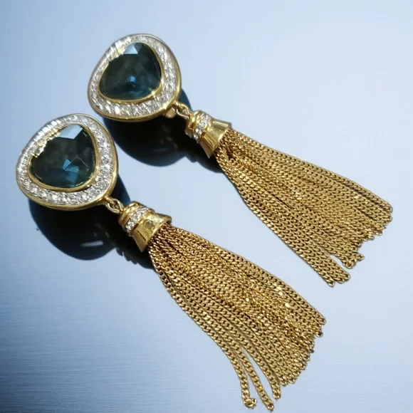 SWAROVSKI Huge Vintage Sapphire Crystal Dangle Tassel Clip-on Earrings - Picture 4 of 6